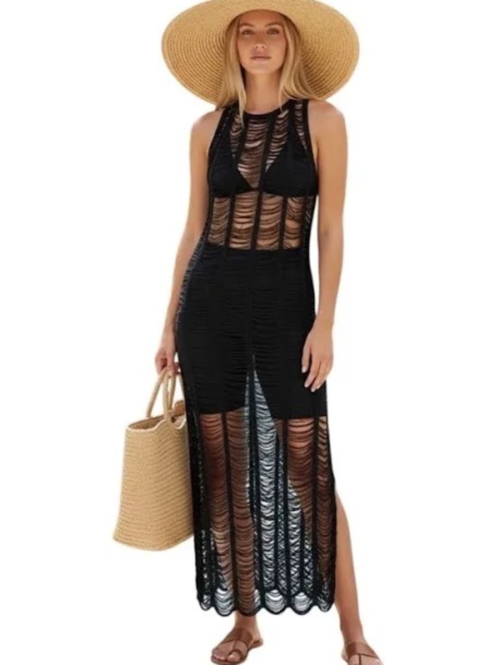 PrettyLittleThing Black Crochet Maxi Swim Cover-Up